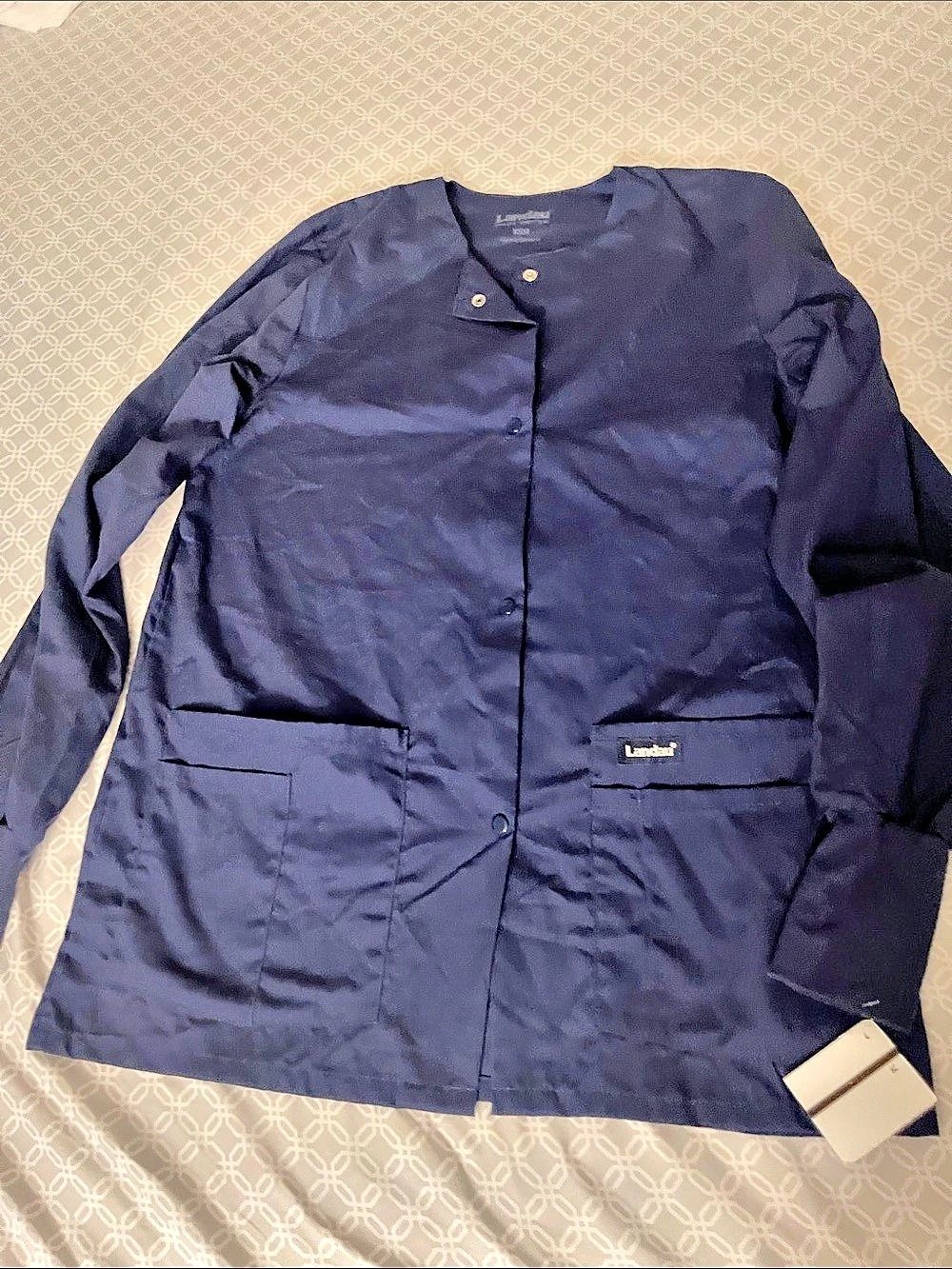 Landau Essentials Women's 4-Pocket Warm-Up Scrub Jacket Blue XS